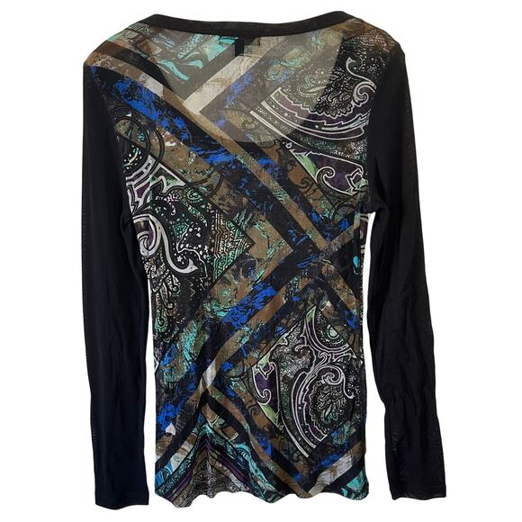 Karen Kane Sheer Mesh Long Sleeve Y2K Slim Paisley Scoop Neck Top XL - Picture 2 of 4